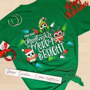 🎄 Southernology May Your Christmas Be Merry & Bright Tee Owls Lights Women’s S